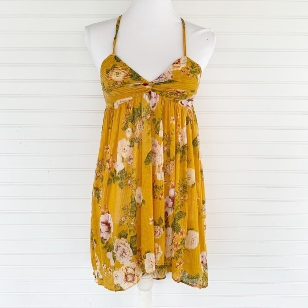 Free People Mustard Yellow Floral Pleated Tunic Top High Low Smocked‎ Back XS
